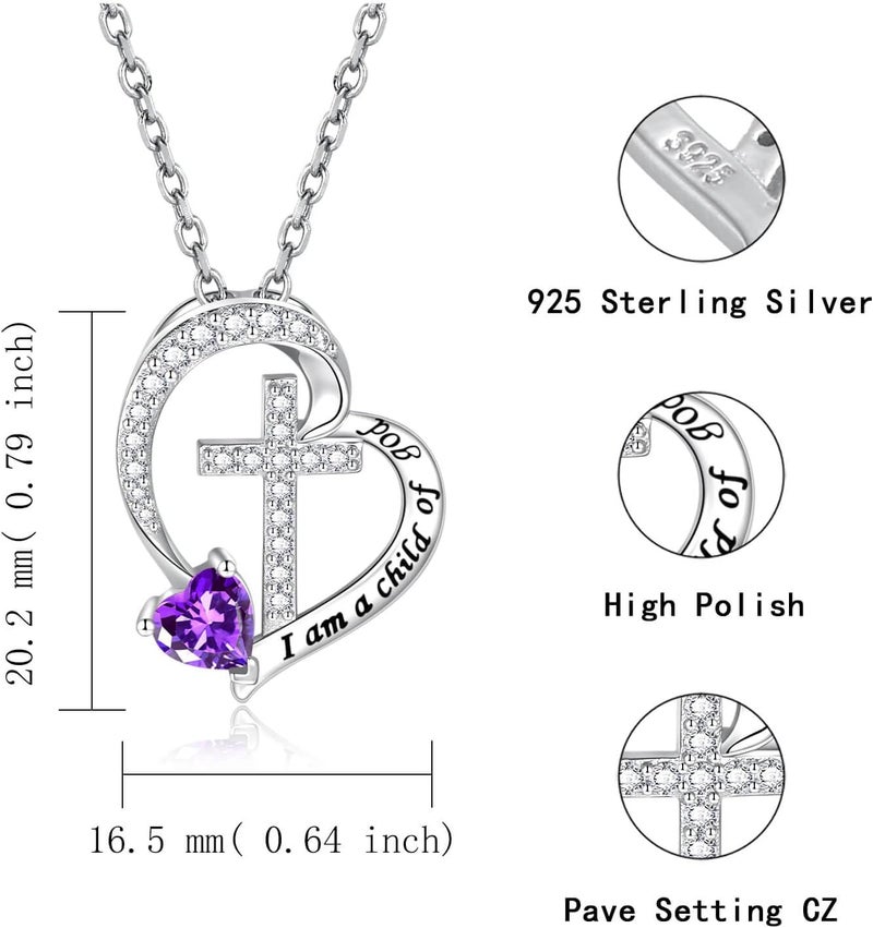 MANBU Sterling Silver Cross Necklace for Girls: Heart Birthstone I am a Child of God Pendant Religious Jewelry Baptism First Communion Confirmation Gifts for Teens - Image 4